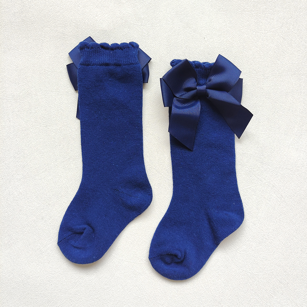 New Children's Socks Big Bows Girls Knee High Socks Cute Baby Toddler Infant Long Tube Socks Kids Princess Sock High Quality Navy Blue S (0 To 1 Years)